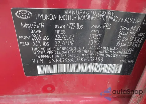 2019 Hyundai Santa Fe Sel из США, поврежденный, VIN 5NMS33AD7KH132453